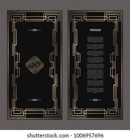 Vector card. Art Deco style. Dark golden geometric frame on black background. Luxury menu concept with logo.