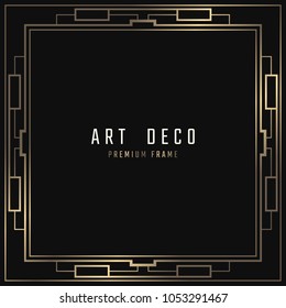 Vector card. Art Deco style. Dark golden geometric frame on black background. 