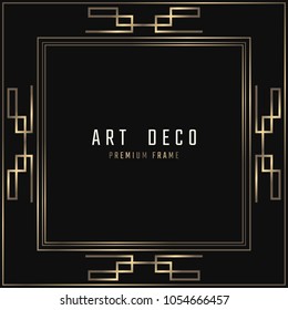 Vector card. Art Deco style. Dark golden geometric frame on black background. 