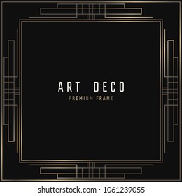 Vector card. Art Deco style. Dark golden geometric frame on black background. 