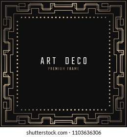 Vector card. Art Deco style. Dark golden geometric frame on black background. 