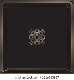 Vector card. Art Deco style. Dark golden geometric frame on black background. Art Deco logotype. Luxury pattern. Minimal design.