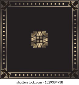 Vector card. Art Deco style. Dark golden geometric frame on black background. Art Deco logotype. Luxury pattern. Minimal design.