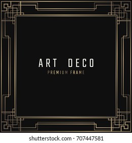 Vector card. Art Deco style. Dark golden geometric frame on black background. 