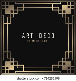 Vector card. Art Deco style. Dark golden geometric frame on black background. 