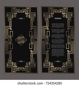 Vector card. Art Deco style. Dark golden geometric frame on black background. Luxury menu concept with logo.