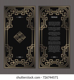 Vector card. Art Deco style. Dark golden geometric frame on black background. Luxury menu concept with logo.