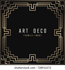 Vector card. Art Deco style. Dark golden geometric frame on black background. 