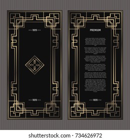 Vector card. Art Deco style. Dark golden geometric frame on black background. Luxury menu concept with logo.