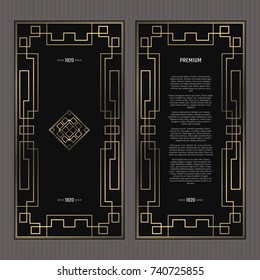 Vector card. Art Deco style. Dark golden geometric frame on black background. Luxury menu concept with logo.
