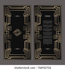 Vector card. Art Deco style. Dark golden geometric frame on black background. Luxury menu concept with logo.