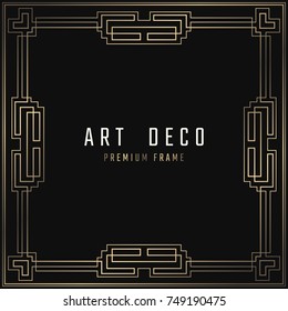 Vector card. Art Deco style. Dark golden geometric frame on black background. 