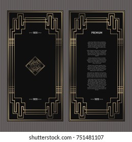 Vector card. Art Deco style. Dark golden geometric frame on black background. Luxury menu concept with logo.