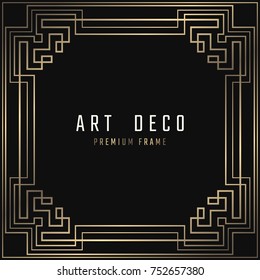 Vector card. Art Deco style. Dark golden geometric frame on black background. 