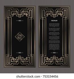 Vector card. Art Deco style. Dark golden geometric frame on black background. Luxury menu concept with logo.
