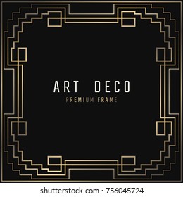 Vector card. Art Deco style. Dark golden geometric frame on black background. 