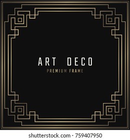 Vector card. Art Deco style. Dark golden geometric frame on black background. 