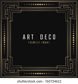 Vector card. Art Deco style. Dark golden geometric frame on black background. 