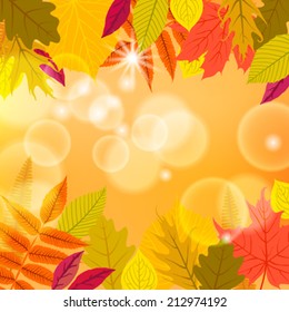 Vector card with autumn decor and foliage made of multiple colorful fall leaves and soft light background  for a wedding invitation card, seasonal sale or thanksgiving greetings