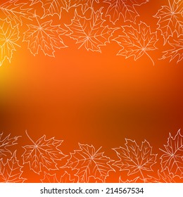 Vector card with autumn decor and foliage made of hand drawn maple falling leaves and lighted red background  for a wedding invitation card, seasonal sale or thanksgiving greetings