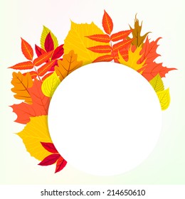 Vektorillustration-Karte mit Herbstdekor und Rundbanner aus mehreren bunten Herbstblättern auf hellem Hintergrund für eine Hochzeitskarte, einen saisonalen Verkauf oder Dankeschön-Gruß
