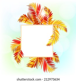 Vector card with autumn decor and square banner made of multiple colorful fall leaves and soft light background  for a wedding invitation card, seasonal sale or thanksgiving greetings