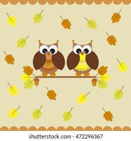 Vector card with autumn theme. A pair of owls sitting on the branches of oak with acorns,among the falling autumn leaves.