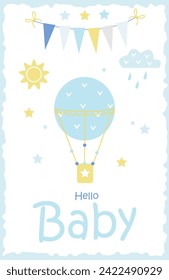 tarjeta vectorial para bebé con globo, sol, nube y estrellas