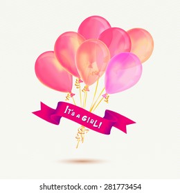 Vector card for baby shower day invitation. Inscription on ribbon: It's a girl! Bunch of pink balloons