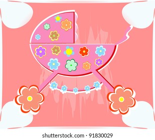 Vector card for baby - shower. perambulator for girl
