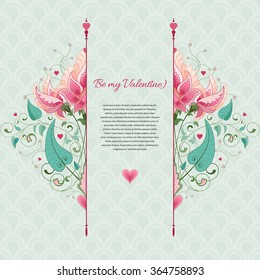 Vector card. Backdrop with delicate ornament. Beautiful fantasy floral pattern. Place for your text. All design elements consist of hearts. Wedding or Valentine's Day. 