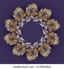 Vector card background with leaves and herbs. Golden decoration. Herbal wreath illustration.