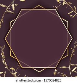 Vector card background with leaves and herbs. Golden decoration. Herbal wreath illustration.