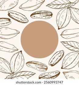 Vector card background with Pecan nuts for text. Hand drawn label with nutty plants. Design element for logo, label, print, sign, paper, template, wrapping