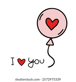 Vector card with balloon and heart. I love you. Love message. Element for Valentine's Day.