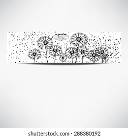 Vector card or banner with black dandelions and spots