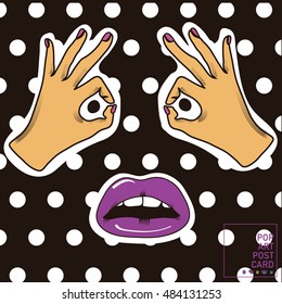 vector card and banner in cartoon 80s-90s comic style with fashion patches, pins and stickers. Can be used in cover design, book design, CD cover, advertising, posters and greeting cards.
