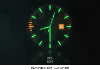 Vector card, banner. The clock in the dark glows due to luminescent backlight. Orange color indicates the time of the Earth hour.