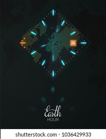 Vector card, banner. The clock in the dark glows due to luminescent backlight. Orange color indicates the time of the Earth hour.