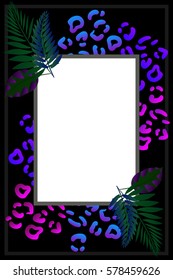 Vector card, banner or frame with tropical plants and animal leopard prints in neon colors 