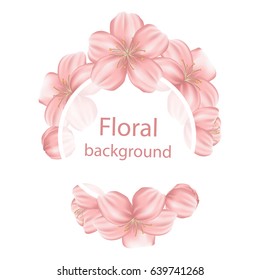 Vector card or banner with japanese cherry blossom. Pink sakura flowers wreath, round frame, border for  text. Isolated on white background. Seasonal poster with tree blooming