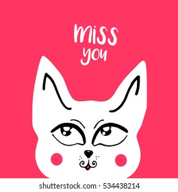 vector card, banner lettering letters I miss you, cute cartoon cat with a thoughtful look, saying emotions, feelings, print on T-shirt