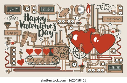 Vector card or banner on the theme of Happy Valentine's Day with red hearts, inscription and a decorative factory of love. Comic illustration with a love conveyor, industrial or laboratory equipment