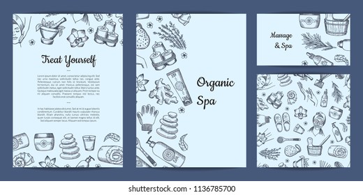 Ficha vectorial, pancarta y carteles, elementos de balneario dibujados a mano marca identidad para masaje y salón de spa ilustración