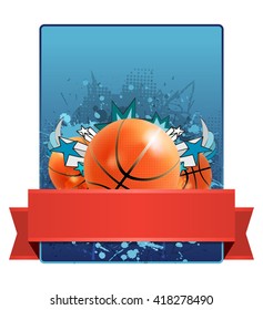 Vector card with basketball design.  Orange balls, splashes, decorations and red ribbon on blue background, stylish basketball banner