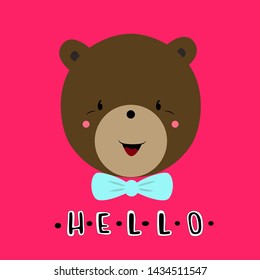 Vector card with bear. Illustration for children's prints, greetings, posters, t-shirt, packaging, invites. Cute animal. Element for your design. Postcard with hello text. Funny cartoon animal.