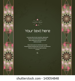 Vector card with a beautiful borders. Multicolored triangles and stains.  Place for your text. Perfect for greetings, invitations, announcements or cover design.