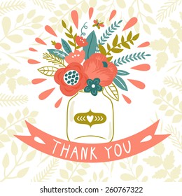 Vector card with beautiful bouquet in the glass jar, ribbon and hand written text "Thank you". Floral vintage illustration. Retro greeting card. 