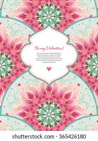 Vector card. Beautiful fantasy flower design. Delicate backdrop and ribbon. Frame for your text. All design elements consist of hearts. Wedding or Valentine's Day. 