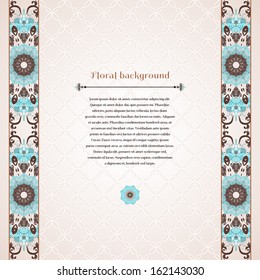 Vector card. Beautiful floral border in vintage style. Seamless simple delicate ornament. Place for your text. Perfect for greetings, invitations or announcements